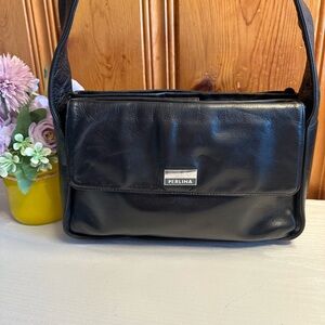 Perlina Classic Black Leather Messenger Bag